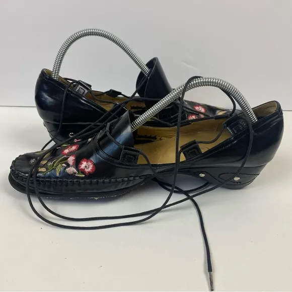 Qige Italian Leather Black Pink Floral Shoes Ankle Wrap Laces Comfort 41 9.5-10