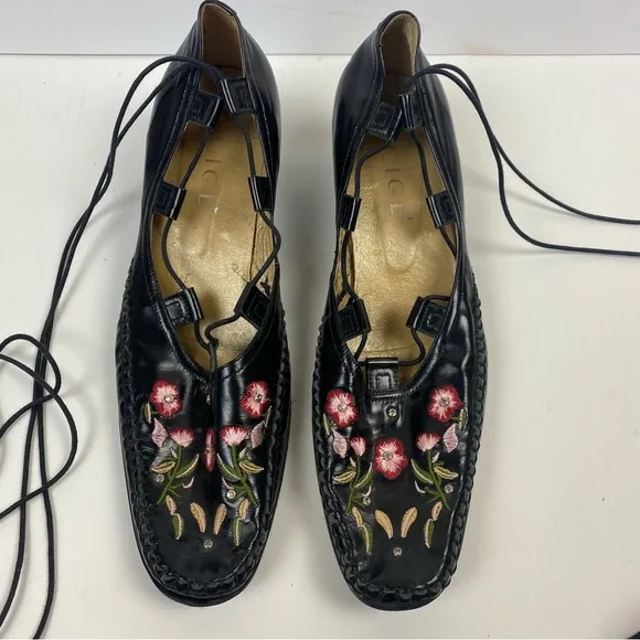 Qige Italian Leather Black Pink Floral Shoes Ankle Wrap Laces Comfort 41 9.5-10