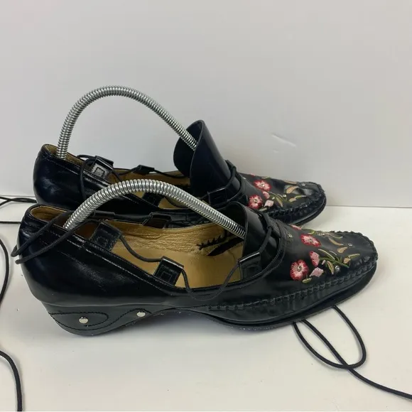 Qige Italian Leather Black Pink Floral Shoes Ankle Wrap Laces Comfort 41 9.5-10