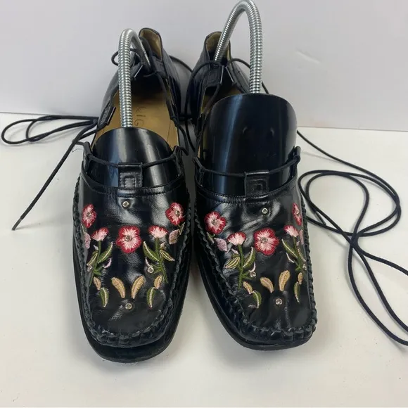 Qige Italian Leather Black Pink Floral Shoes Ankle Wrap Laces Comfort 41 9.5-10