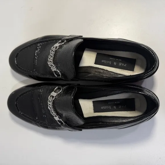 Rag &amp; Bone Cooper Loafers Shoes Black Patent Leather Chain Womens EU 38 US 7.5