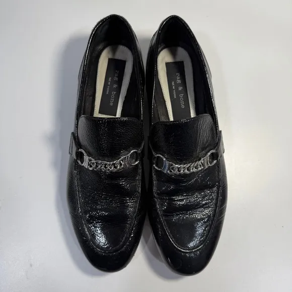 Rag &amp; Bone Cooper Loafers Shoes Black Patent Leather Chain Womens EU 38 US 7.5