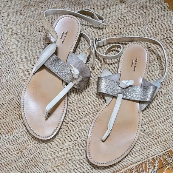 RAG &amp; BONE Sigrid T-Strap Thong Sandal in Metallic Silver/White