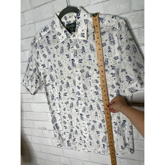 RARE! Gitman Bros Vintage L GOOD LUCK Short Sleeve Button Down HULA Shirt White