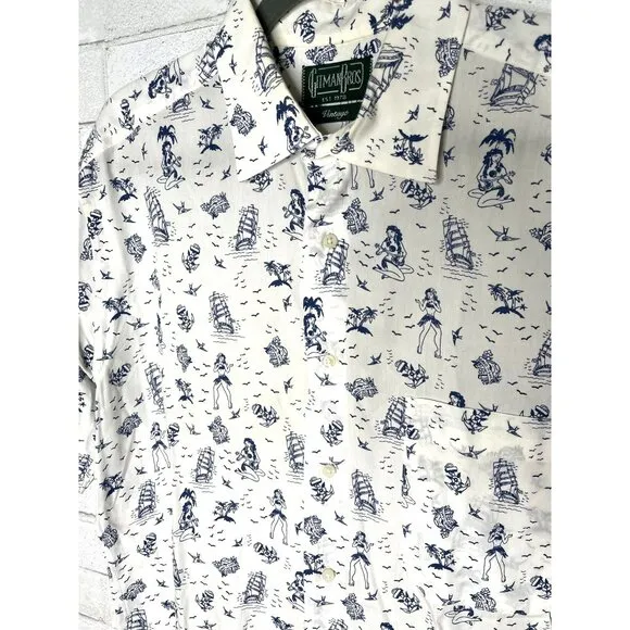 RARE! Gitman Bros Vintage L GOOD LUCK Short Sleeve Button Down HULA Shirt White