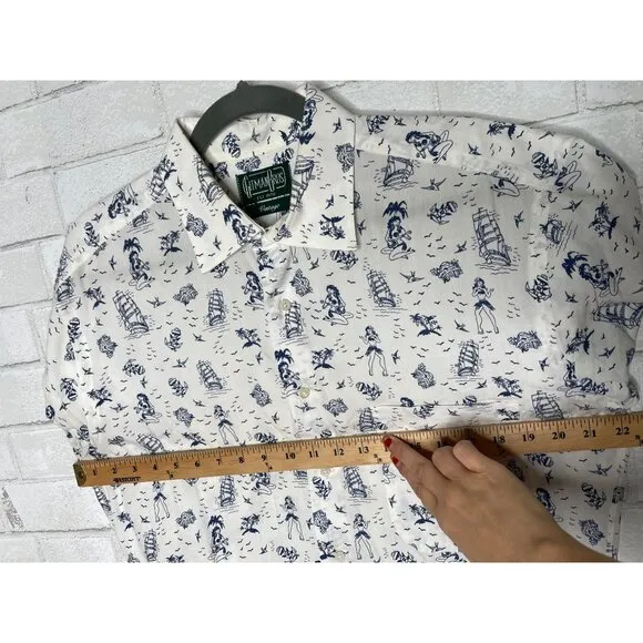 RARE! Gitman Bros Vintage L GOOD LUCK Short Sleeve Button Down HULA Shirt White