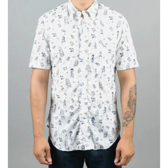 RARE! Gitman Bros Vintage L GOOD LUCK Short Sleeve Button Down HULA Shirt White