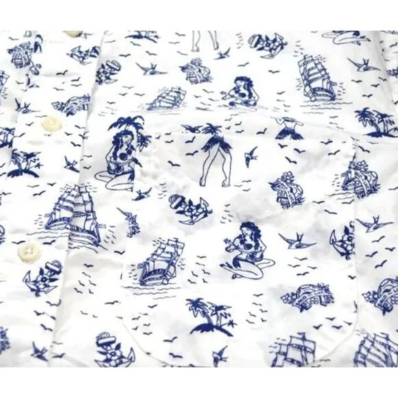 RARE! Gitman Bros Vintage L GOOD LUCK Short Sleeve Button Down HULA Shirt White
