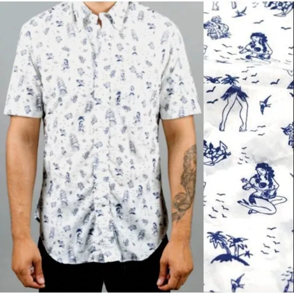 RARE! Gitman Bros Vintage L GOOD LUCK Short Sleeve Button Down HULA Shirt White