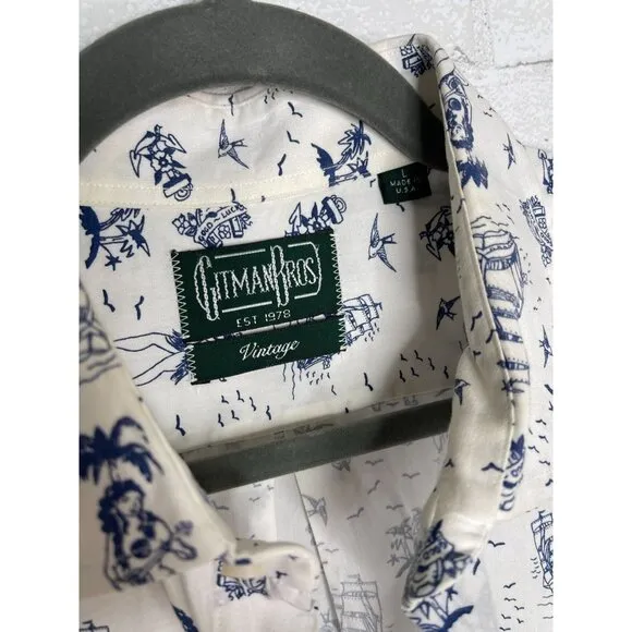 RARE! Gitman Bros Vintage L GOOD LUCK Short Sleeve Button Down HULA Shirt White