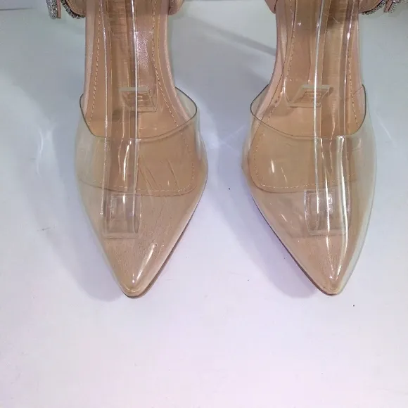 Rhinestone Buckle Strap Nude &amp; Clear Slide On Heels Women's Size 10- NWOT