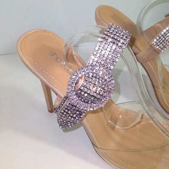 Rhinestone Buckle Strap Nude &amp; Clear Slide On Heels Women's Size 10- NWOT