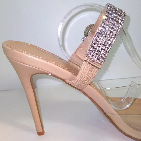 Rhinestone Buckle Strap Nude &amp; Clear Slide On Heels Women's Size 10- NWOT