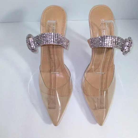 Rhinestone Buckle Strap Nude &amp; Clear Slide On Heels Women's Size 10- NWOT
