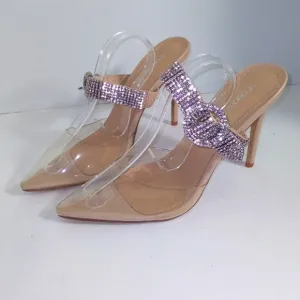Rhinestone Buckle Strap Nude &amp; Clear Slide On Heels Women's Size 10- NWOT