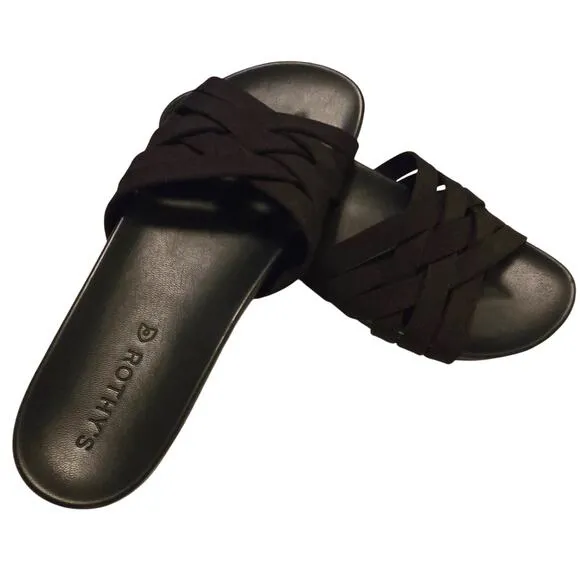 Rothy's Black Textile Multi Cross Strap Slides Flat Sandals Shoes Women’s 8.5