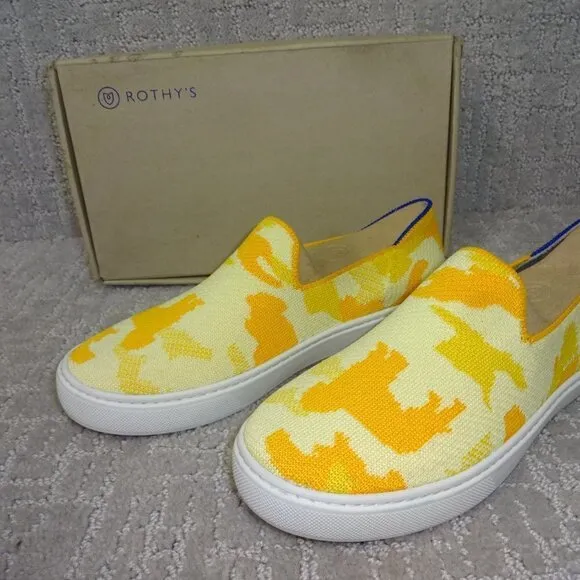Rothys The Kids Sneaker Yellow Puppy Camo Slip On Shoes Kids Size 1-12-13
