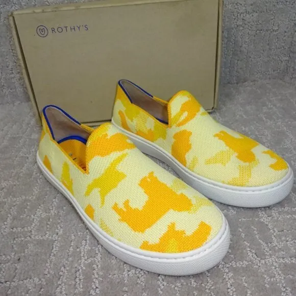 Rothys The Kids Sneaker Yellow Puppy Camo Slip On Shoes Kids Size 1-12-13