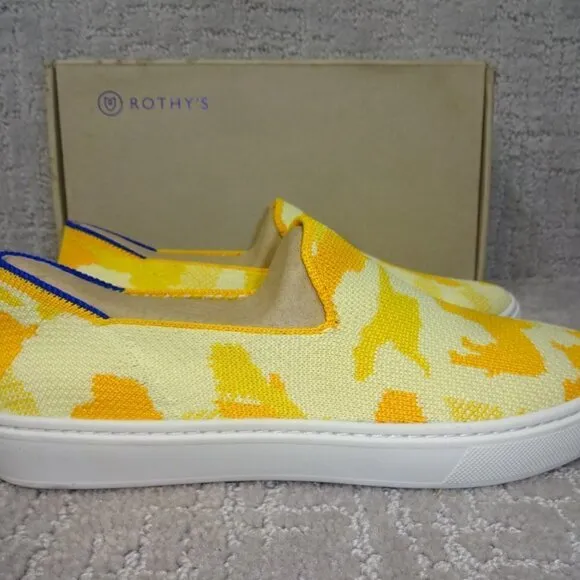 Rothys The Kids Sneaker Yellow Puppy Camo Slip On Shoes Kids Size 1-12-13