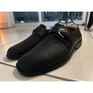 SALVATORE FERRAGAMO BLACK Leather Mens Monk Strap Loafer Dress Shoes