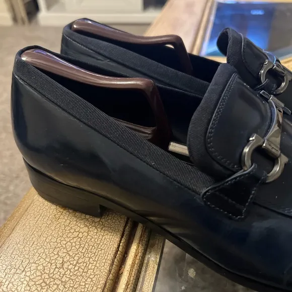 Salvatore Ferragamo Blue Leather Loafers with Silver Accent