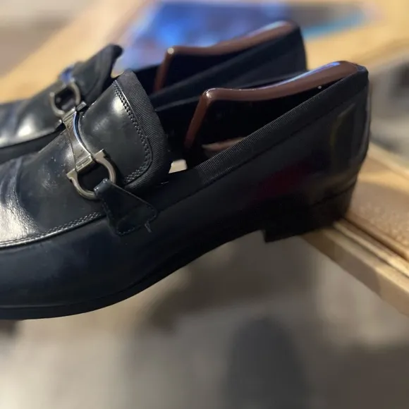 Salvatore Ferragamo Blue Leather Loafers with Silver Accent