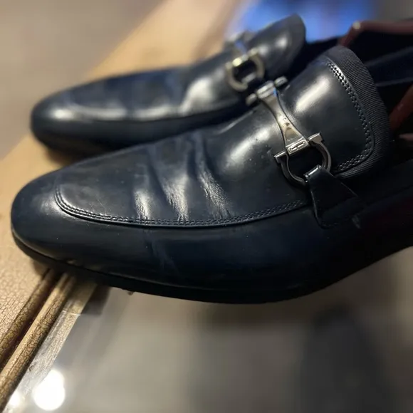 Salvatore Ferragamo Blue Leather Loafers with Silver Accent