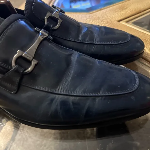 Salvatore Ferragamo Blue Leather Loafers with Silver Accent