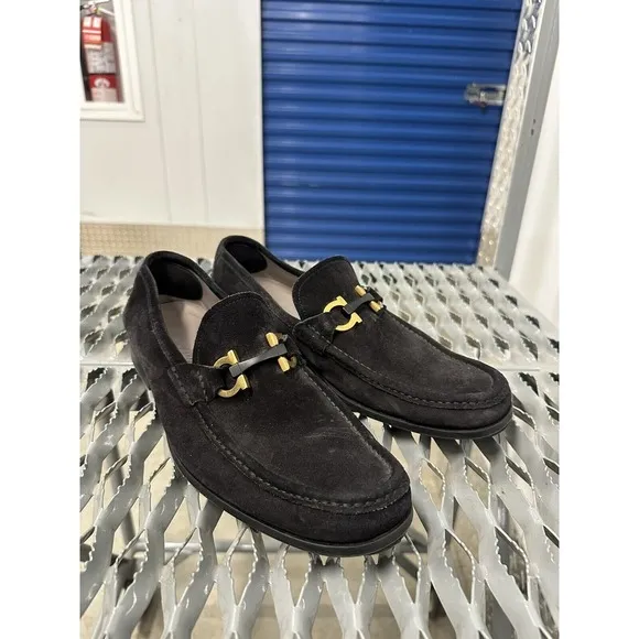 Salvatore Ferragamo Grandioso Dark Gray Suede Gancini‎ Bit Loafers Size 9.5E