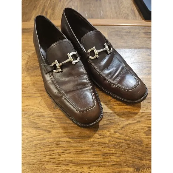 Salvatore Ferragamo Grandioso Mens 8D Loafers Shoes Brown Leather Made In Italy