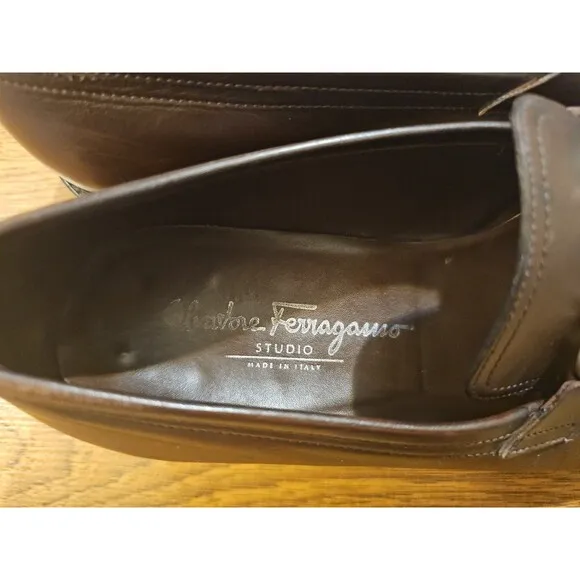 Salvatore Ferragamo Grandioso Mens 8D Loafers Shoes Brown Leather Made In Italy