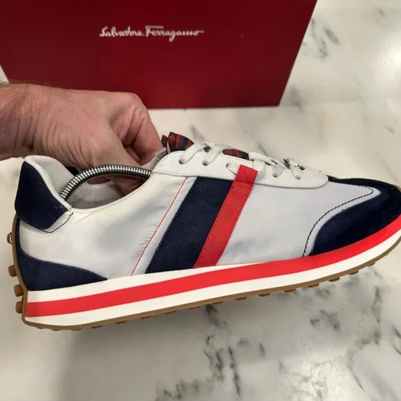 Salvatore Ferragamo Men's White and Blue Sneakers