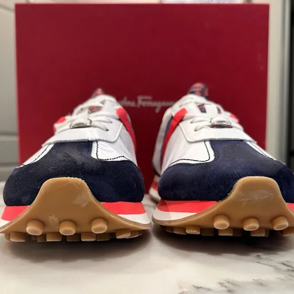 Salvatore Ferragamo Men's White and Blue Sneakers
