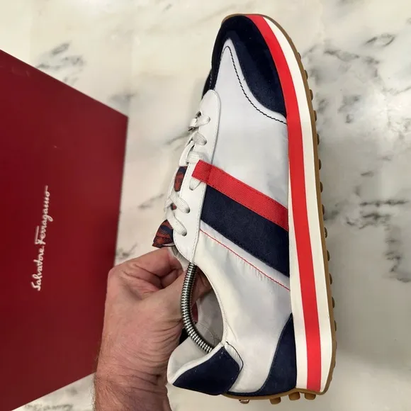 Salvatore Ferragamo Men's White and Blue Sneakers