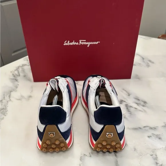 Salvatore Ferragamo Men's White and Blue Sneakers