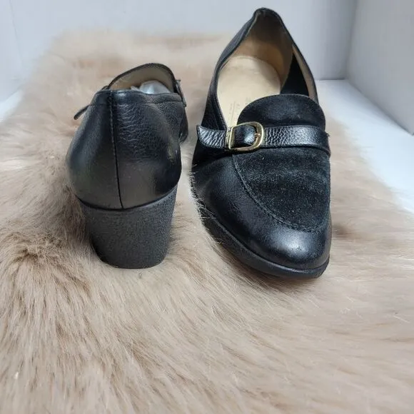 Salvatore Ferragamo Womens Black Leather Suede Heeled Loafers Shoes 8 B