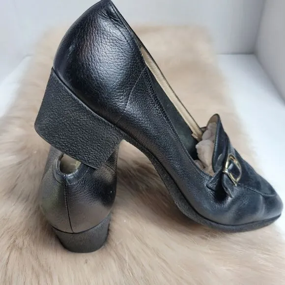 Salvatore Ferragamo Womens Black Leather Suede Heeled Loafers Shoes 8 B