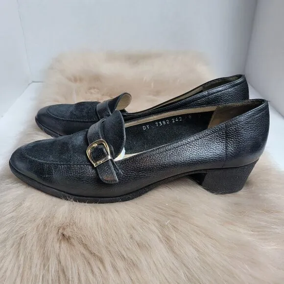 Salvatore Ferragamo Womens Black Leather Suede Heeled Loafers Shoes 8 B
