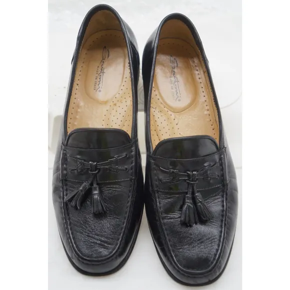 Santoni Black Calf Leather Tassel Loafer Dress Shoes Moc Toe Italy Men's 10.5 D