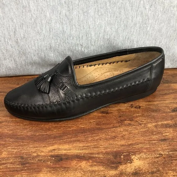 Santoni Black Tassel Leather Slip On Loafers US Size 10.5 2E Wide Italy Shoes