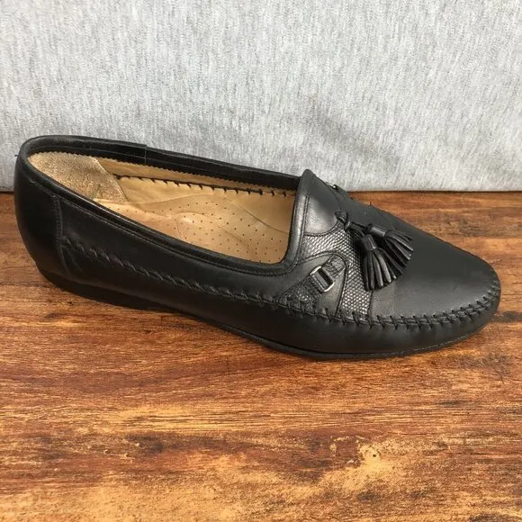 Santoni Black Tassel Leather Slip On Loafers US Size 10.5 2E Wide Italy Shoes