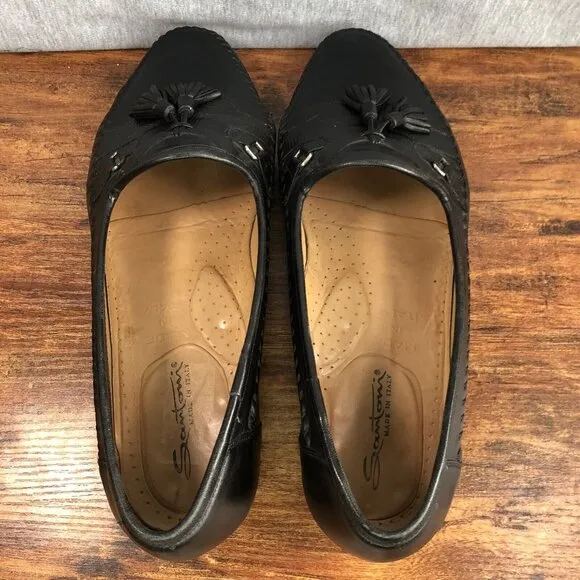 Santoni Black Tassel Leather Slip On Loafers US Size 10.5 2E Wide Italy Shoes