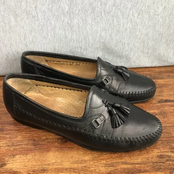 Santoni Black Tassel Leather Slip On Loafers US Size 10.5 2E Wide Italy Shoes