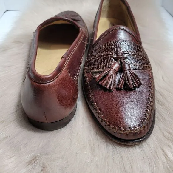 Santoni Tassel Brown Leather Loafers Lizard Accents Mens  Shoes Size 7.5