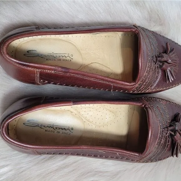 Santoni Tassel Brown Leather Loafers Lizard Accents Mens  Shoes Size 7.5