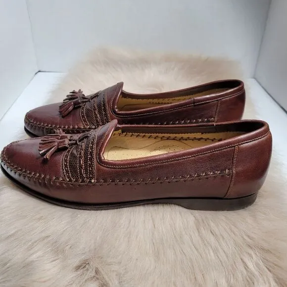 Santoni Tassel Brown Leather Loafers Lizard Accents Mens  Shoes Size 7.5