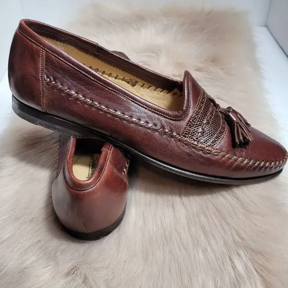 Santoni Tassel Brown Leather Loafers Lizard Accents Mens  Shoes Size 7.5