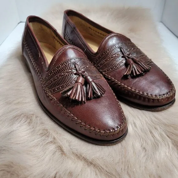 Santoni Tassel Brown Leather Loafers Lizard Accents Mens  Shoes Size 7.5