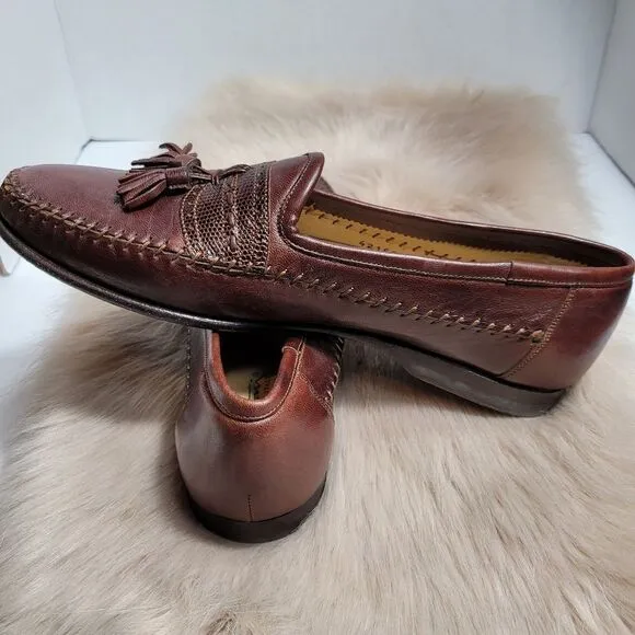 Santoni Tassel Brown Leather Loafers Lizard Accents Mens  Shoes Size 7.5