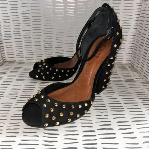 SCHUTZ Dionise Heels Size 8.5 Black Nubuck Gold Stud Spike Open Toe Block Strap